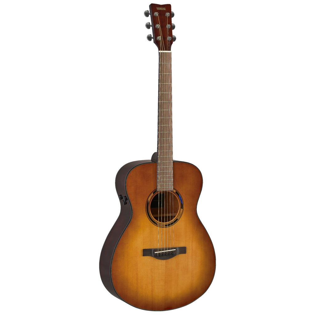 Yamaha TAS1ESB Transacoustic acoustic guitar in Sand Burst Gloss with a wooden body and sleek finish, positioned on a stand.