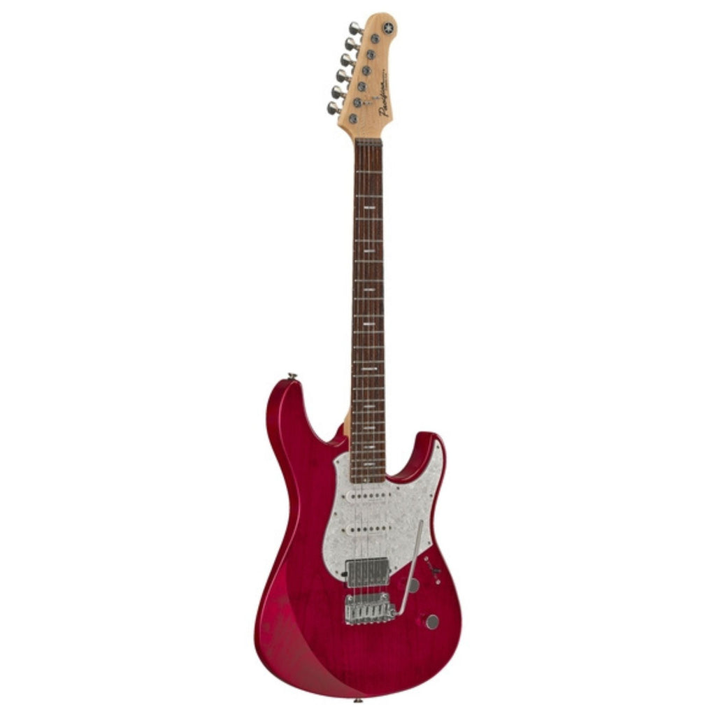 Yamaha Pacifica Standard Plus Fired Red electric guitar with double-cutaway body and six-string neck, close-up view.