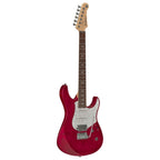 Yamaha Pacifica Standard Plus Fired Red electric guitar with double-cutaway body and six-string neck, close-up view.