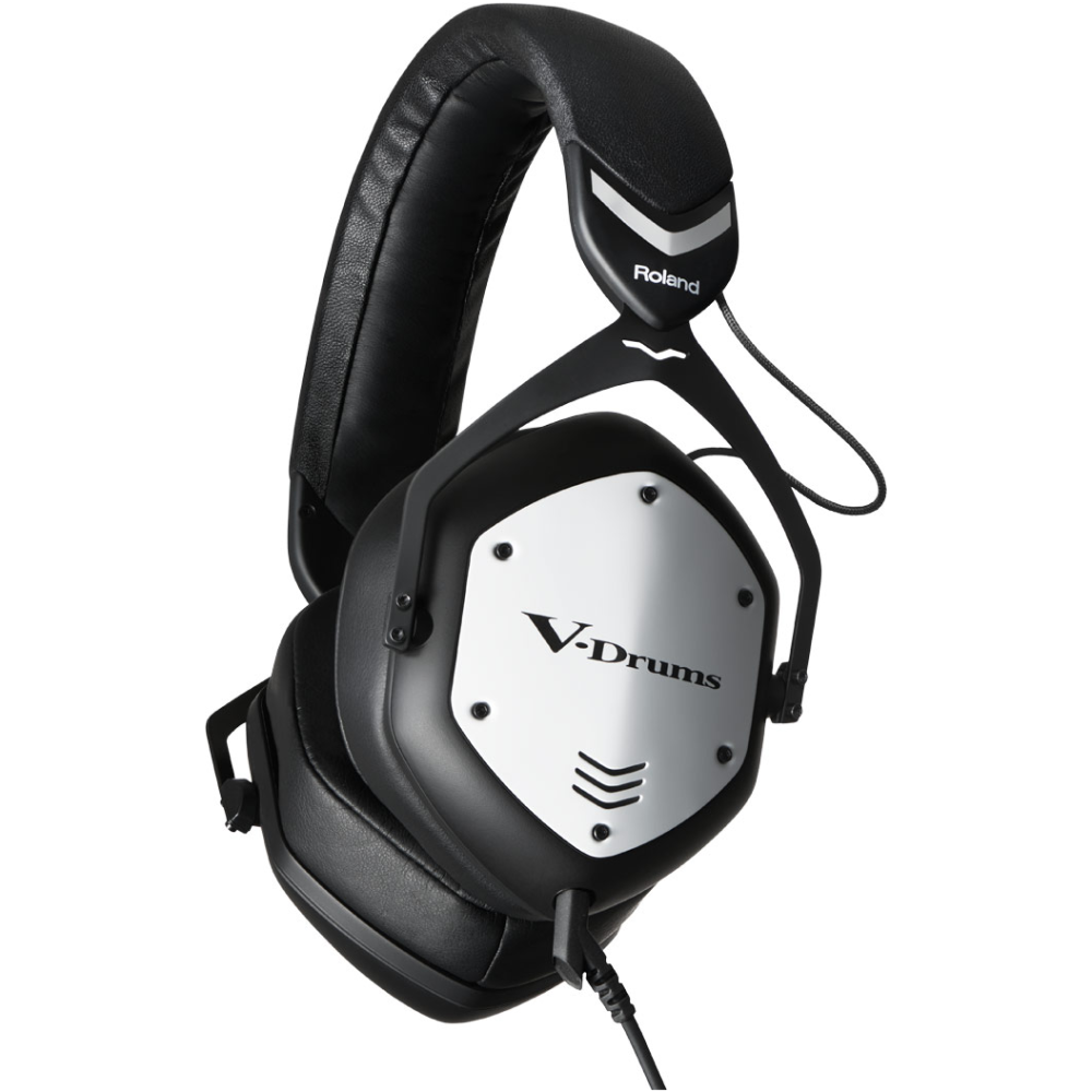 Roland VMH-D1 V-Drums headphones by V-MODA, black over-ear headphones with adjustable headband and padded ear cups.