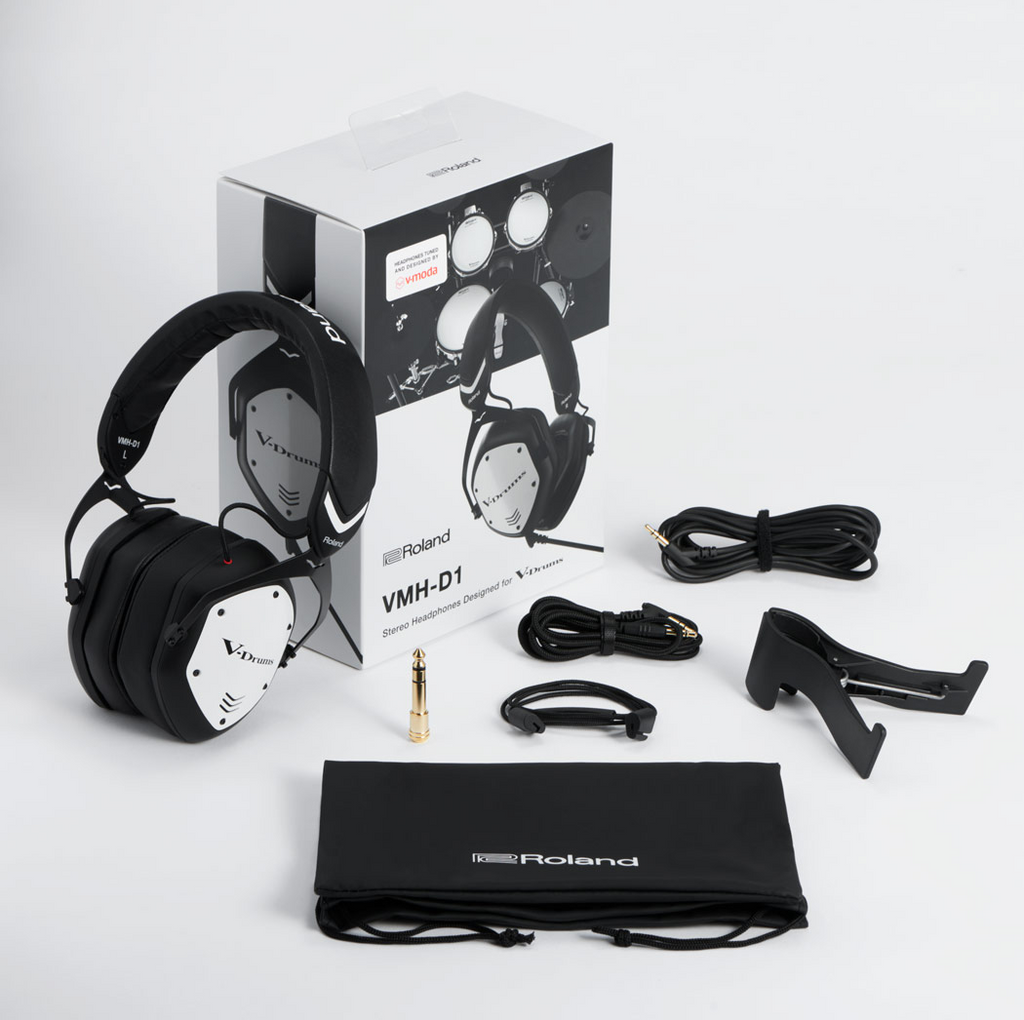 Roland VMH-D1 V-Drums headphones by V-MODA, black over-ear drum headphones with adjustable headband and padded ear cups.