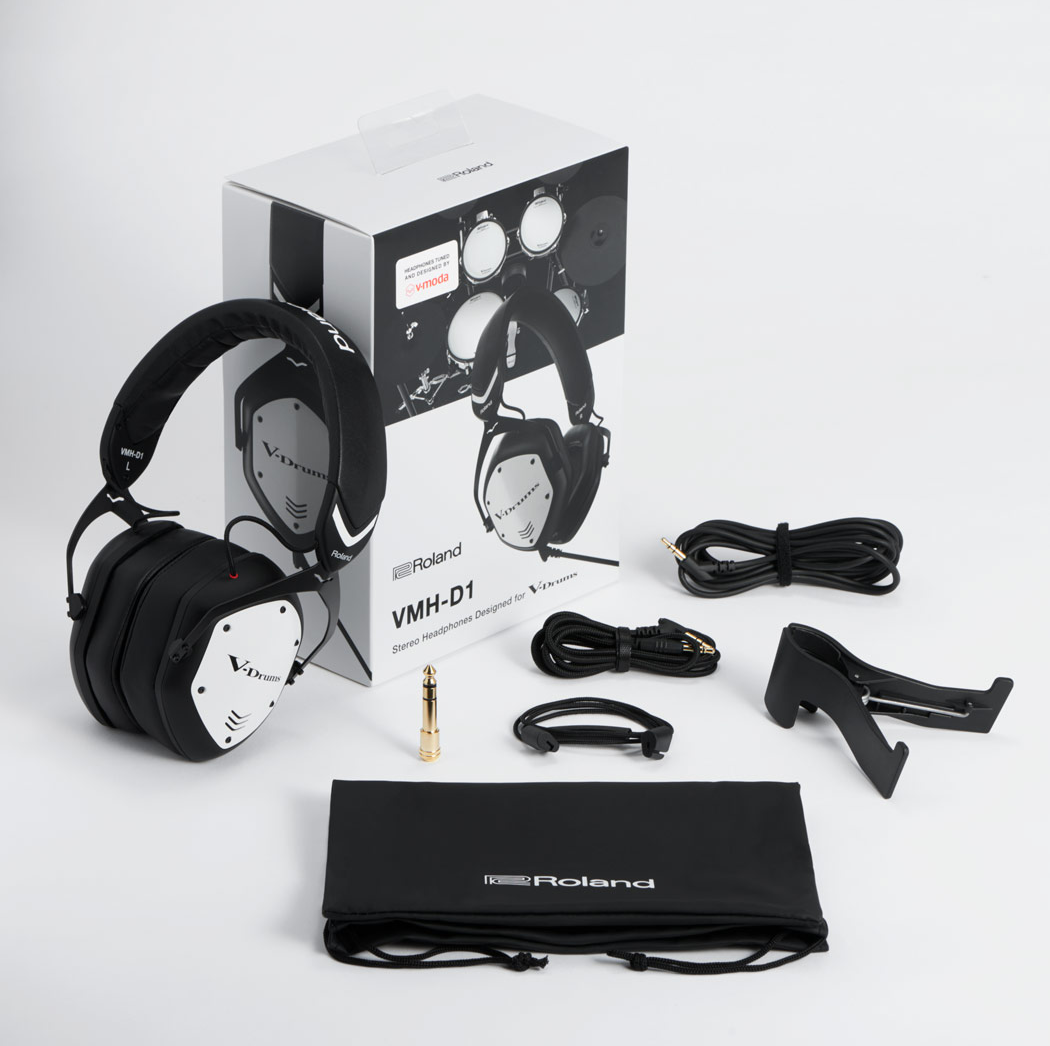 Roland VMH-D1 V-Drums headphones by V-MODA, black over-ear drum headphones with adjustable headband and padded ear cups.