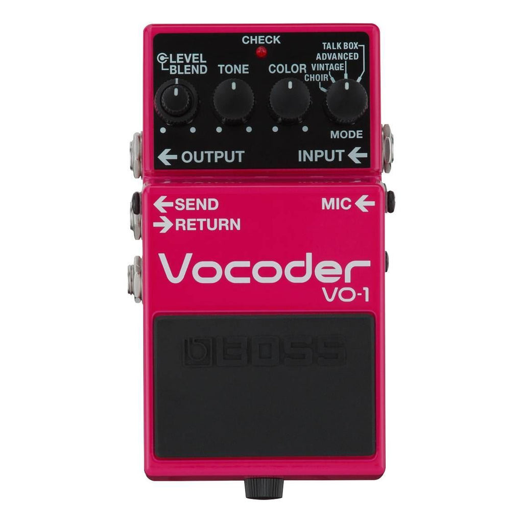 BOSS VO-1 Vocoder guitar effects pedal with control knobs and input/output jacks, used for creating vocal-like synth sounds.