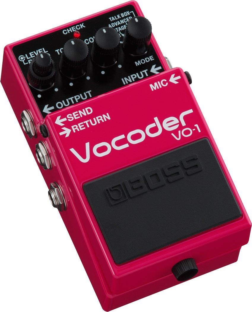 BOSS VO-1 Vocoder guitar effects pedal with controls and input jacks, used for creating robotic vocal sounds in music.