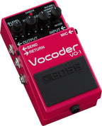 BOSS VO-1 Vocoder guitar effects pedal with controls and input jacks, used for creating robotic vocal sounds in music.