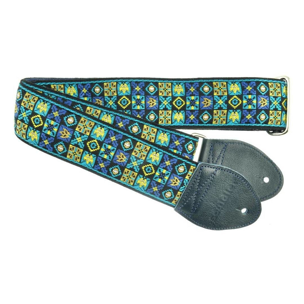Souldier USA 2-inch Woodstock Blue guitar strap with colorful woven pattern and leather ends, designed for comfortable guitar support.