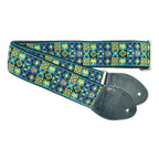 Souldier USA 2-inch Woodstock Blue guitar strap with colorful woven pattern and leather ends, designed for comfortable guitar support.