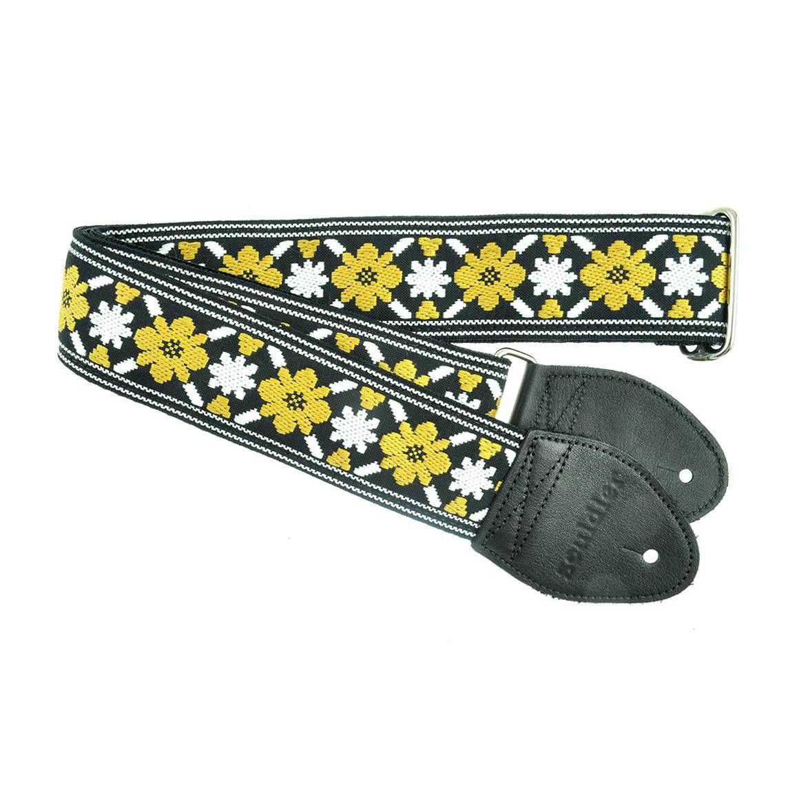 Souldier USA Guitar Strap 2in - Tulip Rooftop Lennon Gold Flower WH star on BK
