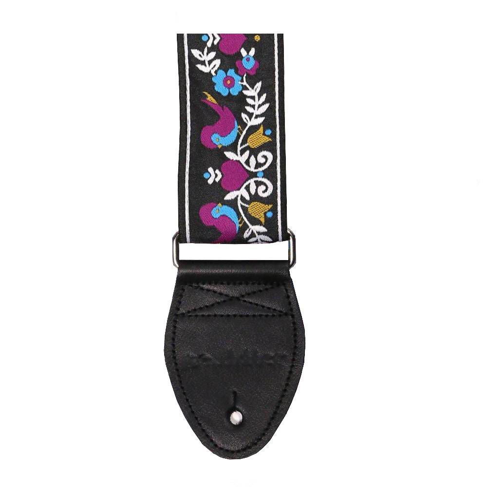 Souldier USA Guitar Strap 2in - Lovebirds PR/TQ Birds WH Vine on BK Background