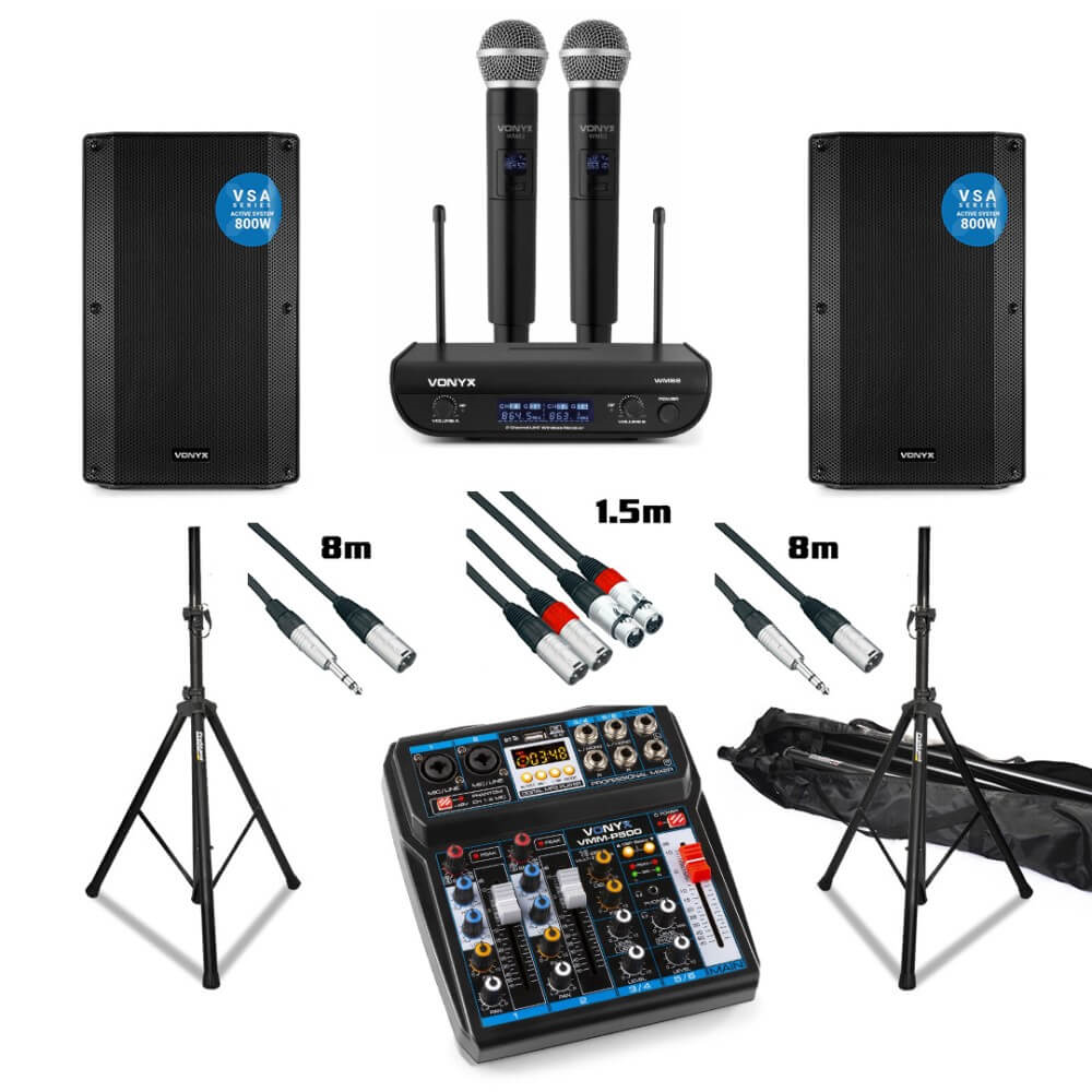 Vonyx Karaoke Bundle with Powered Speakers, Mixer, and Dual Wireless Microphone System