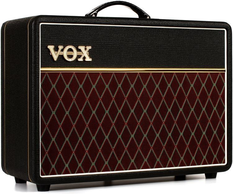 Vox AC10C1 1x10 inch 10W tube guitar combo amplifier with reverb, featuring a black control panel and vintage-style design.