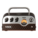 Vox MV50 AC mini guitar amplifier head with control knobs and input jack, compact portable design for electric guitar playing.