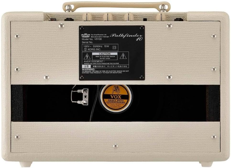 Vox Pathfinder 10 electric guitar amplifier in limited edition cream color with control knobs and speaker grille visible.