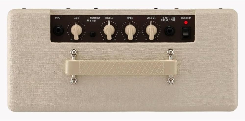 Vox Pathfinder 10 electric guitar amplifier in limited edition cream color, compact guitar amp with control knobs and Vox branding.