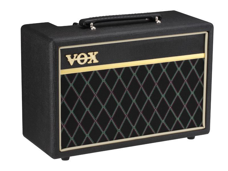 Vox Pathfinder 10B bass guitar amplifier with control knobs and speaker grille, compact and portable for bass players.
