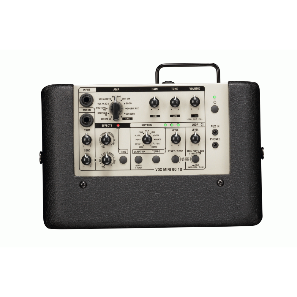 Vox Mini Go 3 Earth Colour Series 10W portable guitar amplifier in smoky beige with control knobs and input jack visible