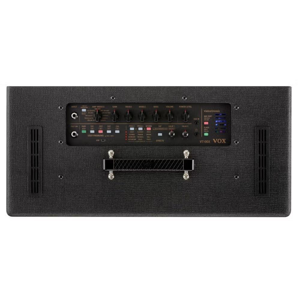 Vox VT100X Valvetronix hybrid guitar amp combo with 1x12 inch speaker, 100-watt power, and valve preamp for versatile sound.