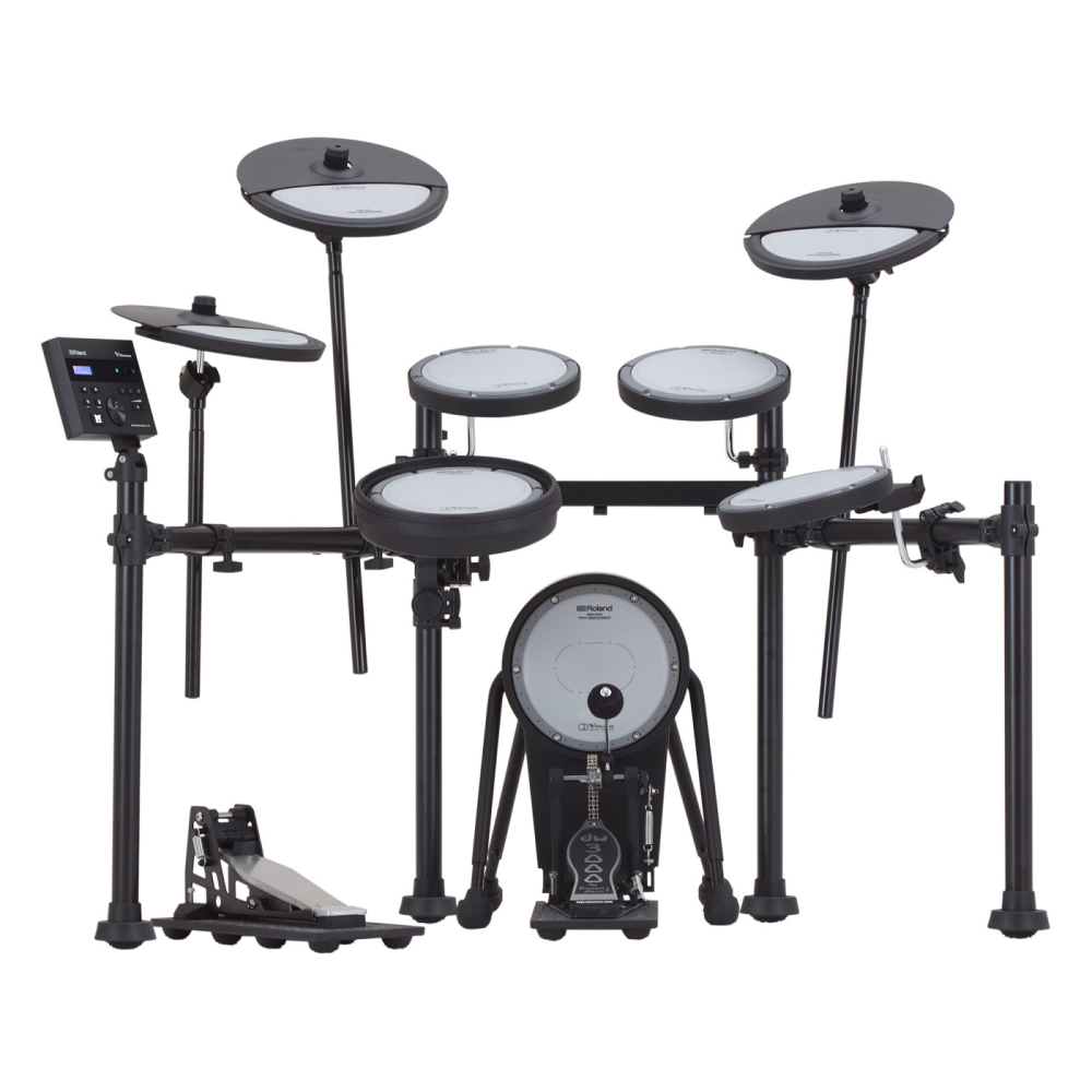 Roland VQD106S V-Drums Quiet Electronic Drum Kit with TD07, featuring drum pads, cymbals, and control module for electronic drumming.