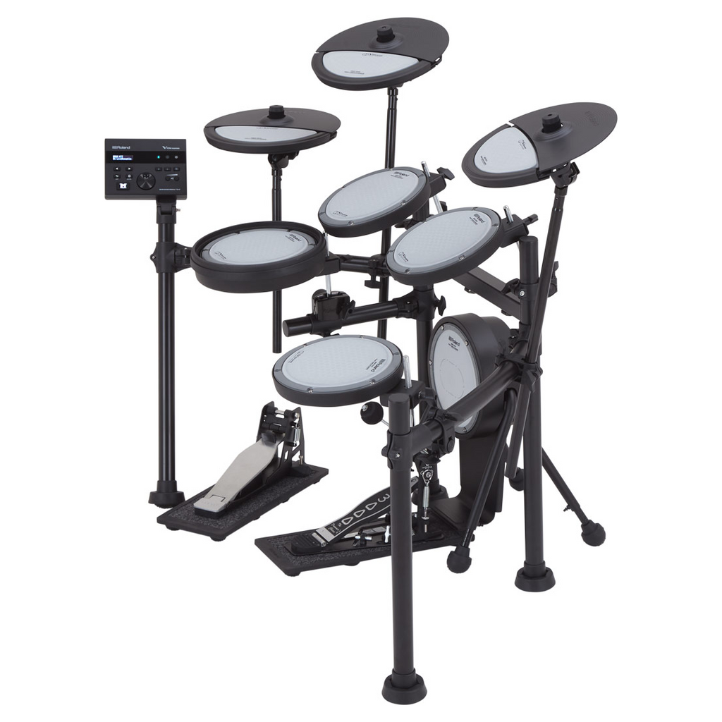 Roland VQD106S V-Drums Quiet Electronic Drum Kit with TD07, featuring drum pads, cymbals, and control module for realistic drumming.