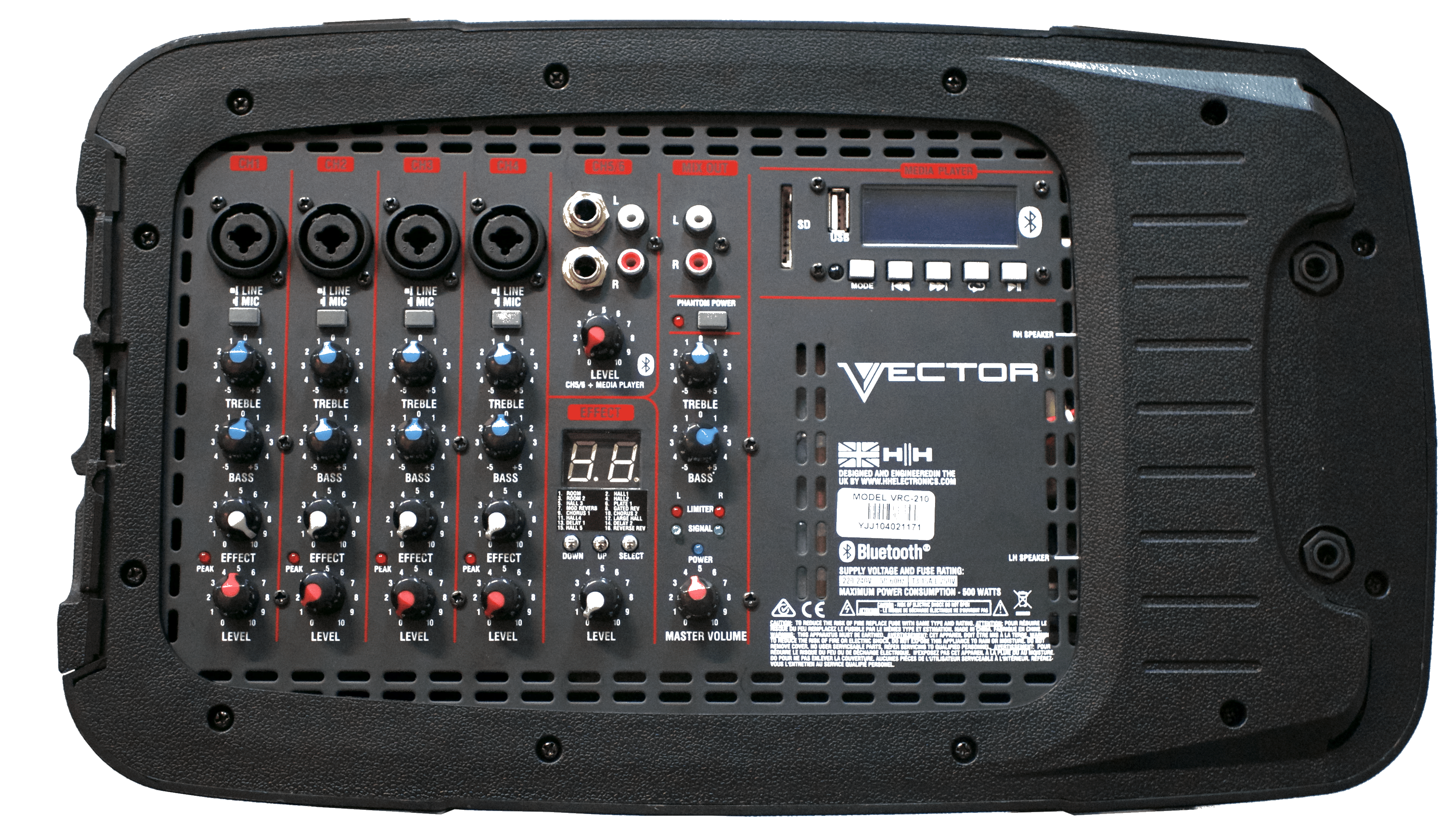 HH VRC-210 Portable PA System 2x500W Bluetooth 6-CH Mixer - Black