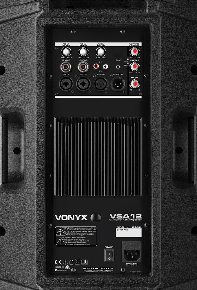 Vonyx VSA12 12-inch bi-amplified active speaker with 800W power output, featuring a sleek black enclosure and control panel.