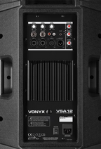 Vonyx VSA12 12-inch bi-amplified active speaker with 800W power output, featuring a sleek black enclosure and control panel.