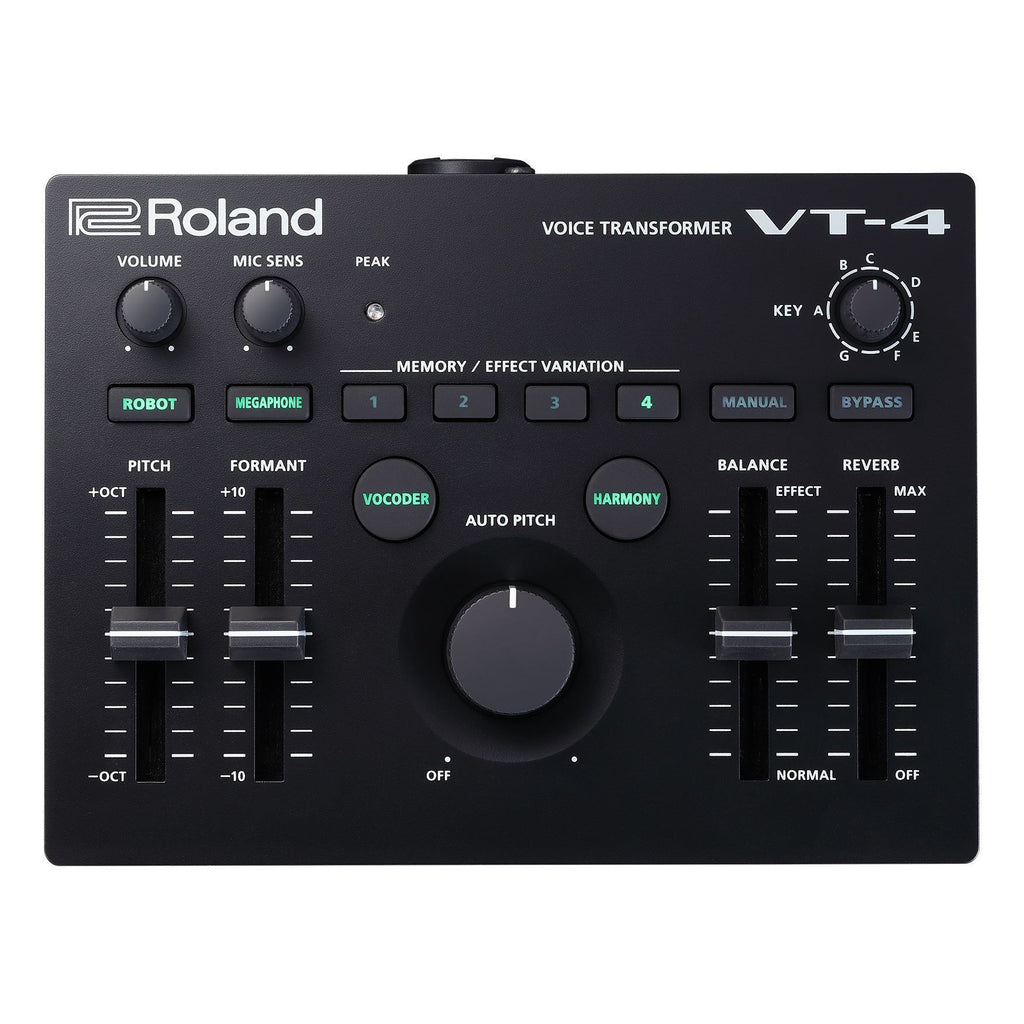 Roland VT4 Voice Transformer audio effects processor with colorful interface and multiple control knobs on a white background.