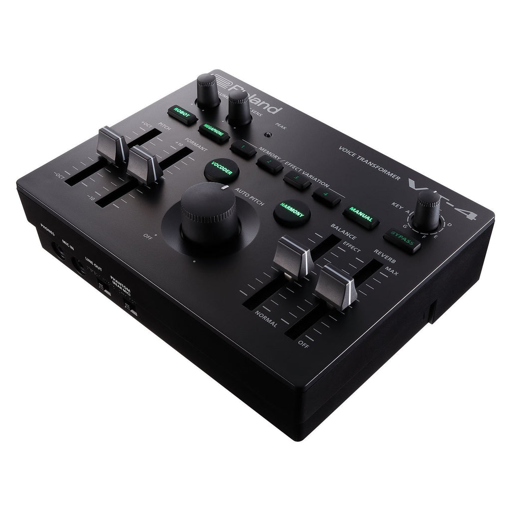 Roland VT4 Voice Transformer audio effects processor showing colorful controls and screen interface on a dark background.