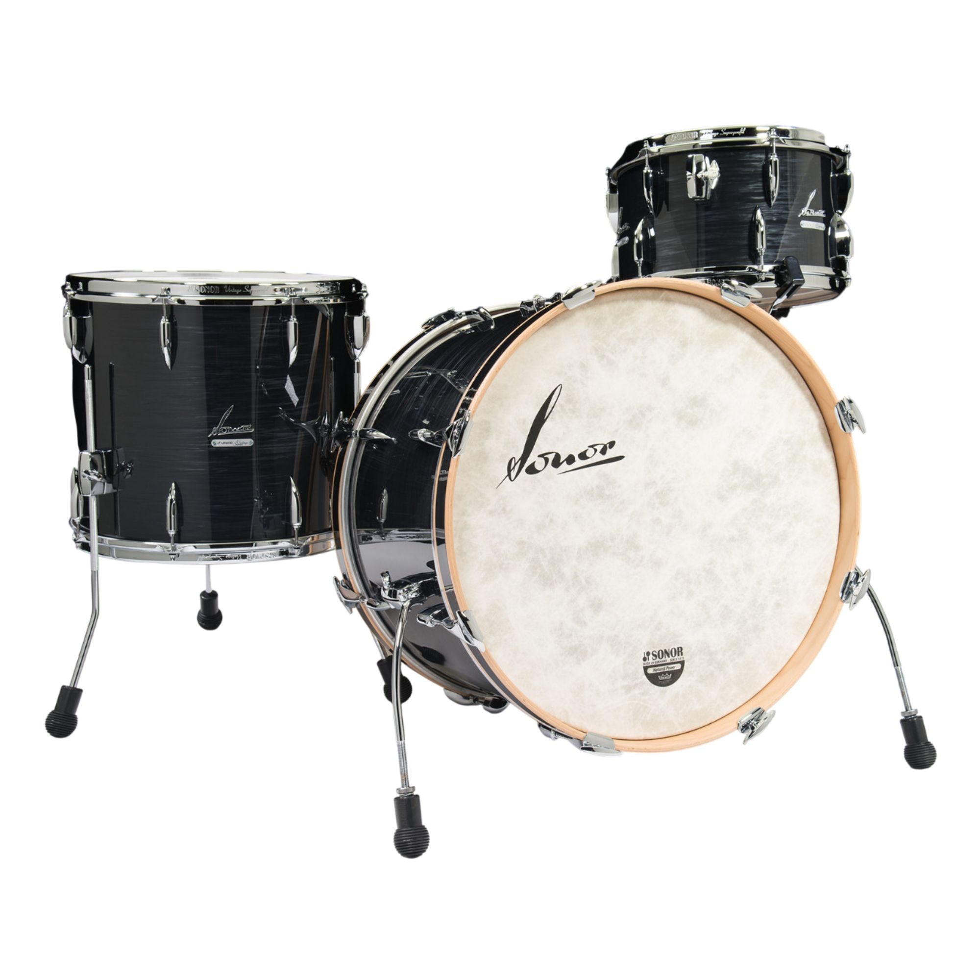 SONOR Vintage Series Jazz 3-piece drum shell set in Vintage Black Slate with toms, bass drum, and snare drums.