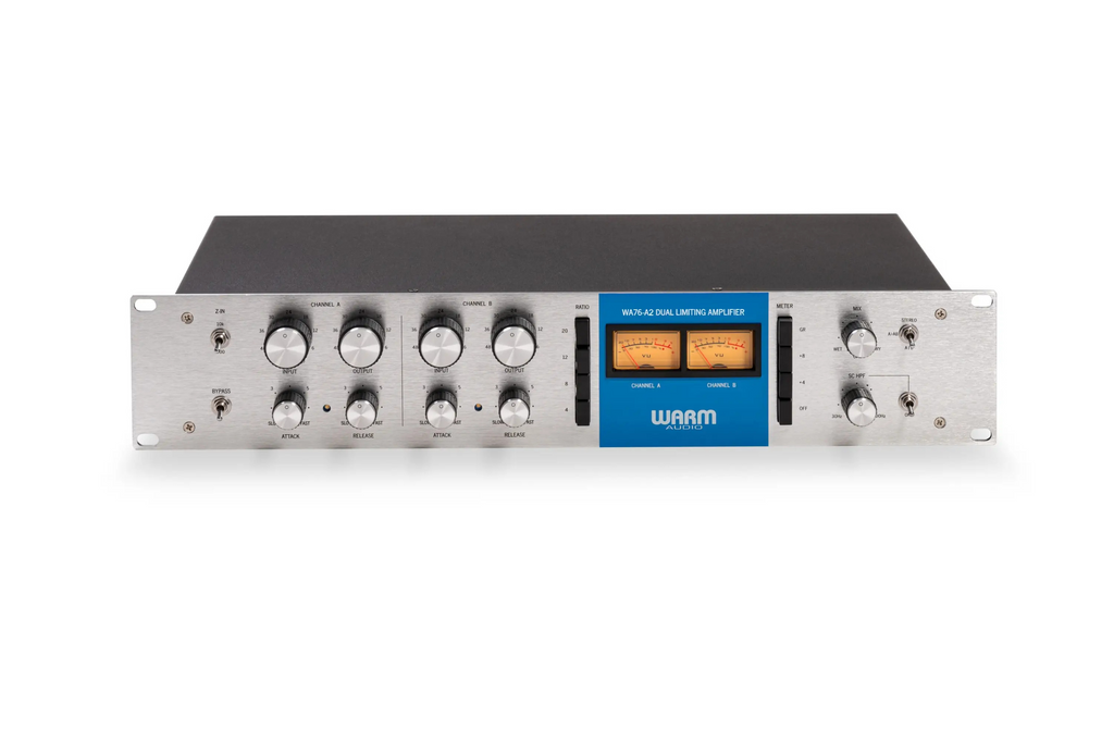 Warm Audio WA76-A2 dual channel vintage-voiced FET compressor in blue stripe, studio outboard gear with knobs and meters.