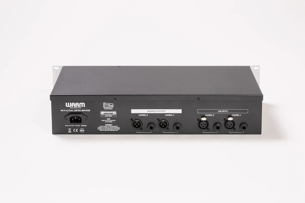 Warm Audio WA76-A2 dual channel vintage-voiced FET compressor in blue stripe, studio outboard gear with control knobs and meters.