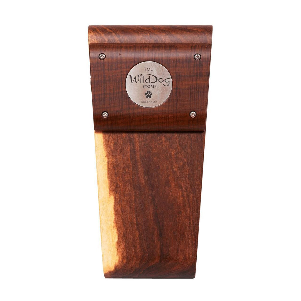 Wild Dog Emu Red Gum Stomp Box effects pedal, showing the compact red gum finish and control knobs for guitar effects.