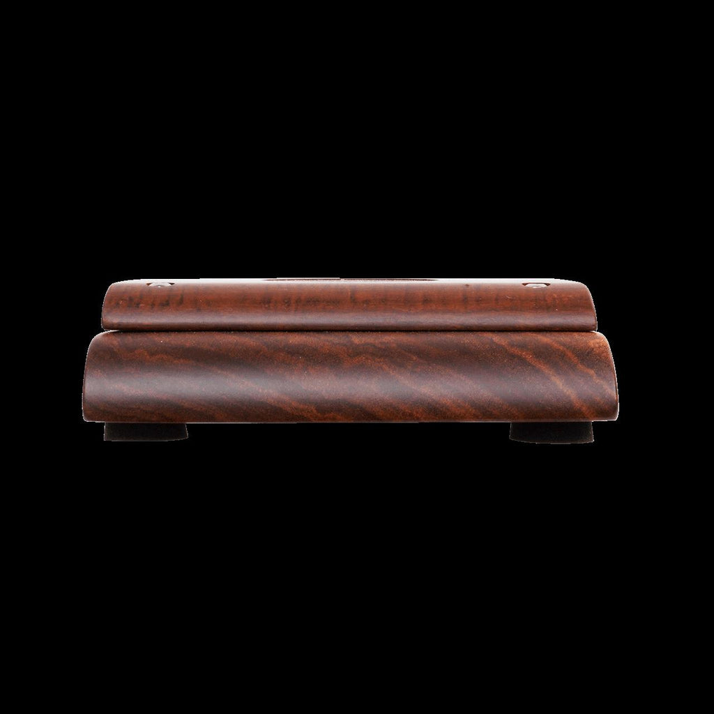 Wild Dog Emu Red Gum stomp box effects pedal with wooden body and footswitch for guitar effects.