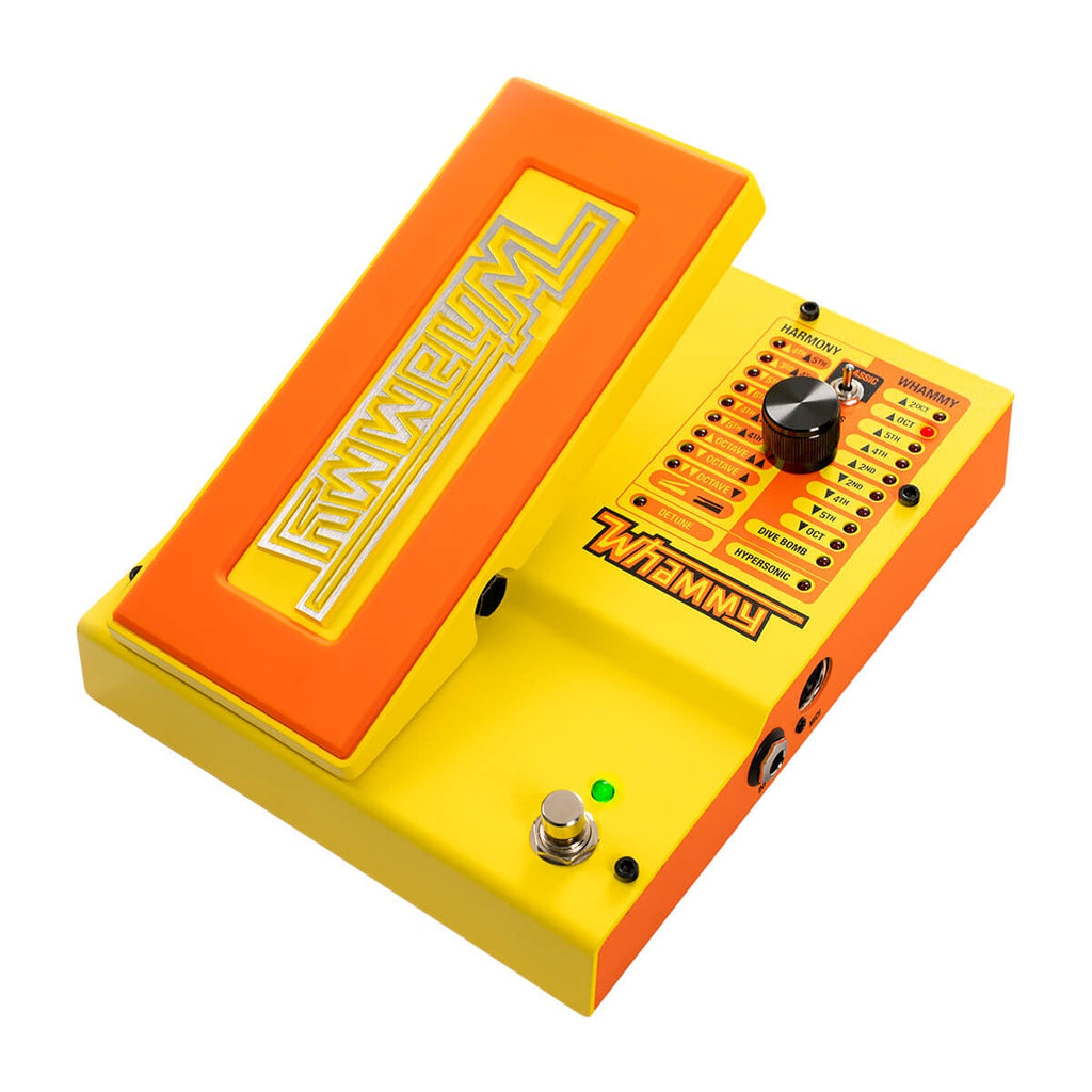 Digitech MonoNeon Signature Whammy effects pedal showing controls and colorful design on a black pedal board.