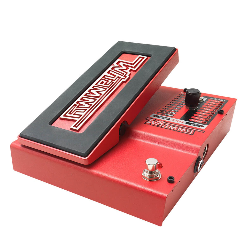 Digitech Whammy effects pedal with pedal controls and display, used for pitch shifting and vocal effects in guitar setups.