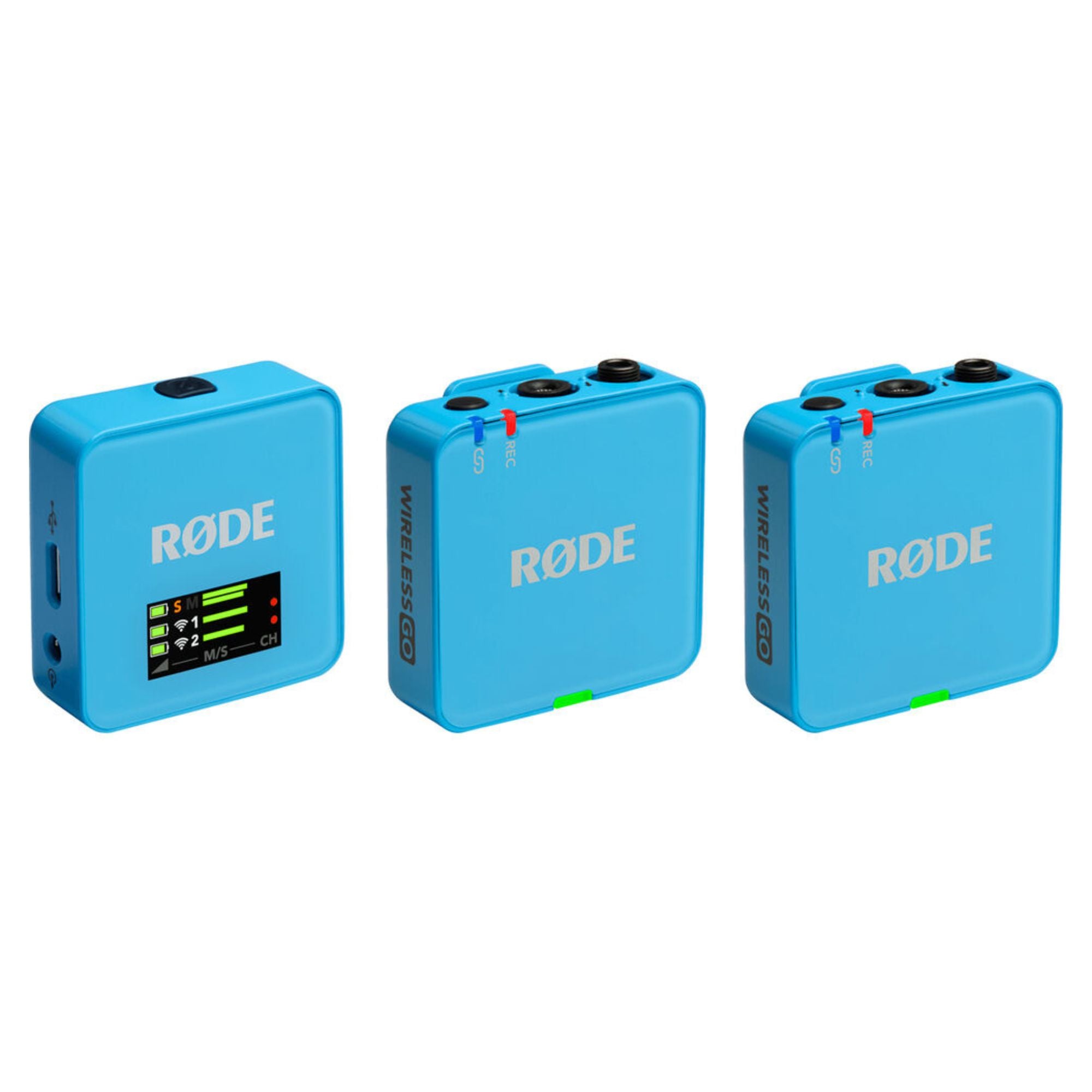 RODE Wireless GO Gen 3 compact wireless microphone system in blue, showing the small transmitter and receiver units.