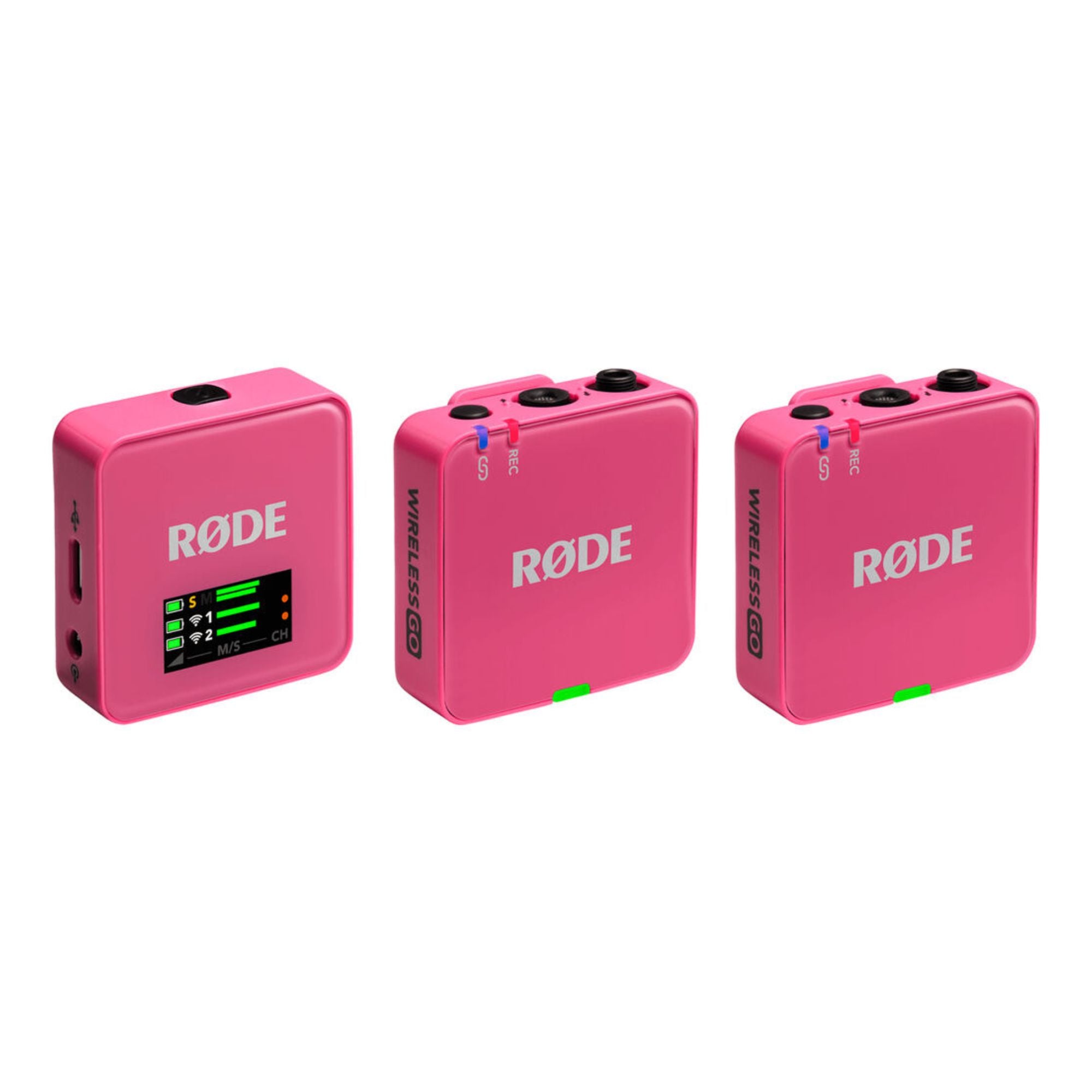 Rode Wireless GO Gen 3 pink compact wireless microphone system with transmitter and receiver, ideal for on-the-go audio recording.