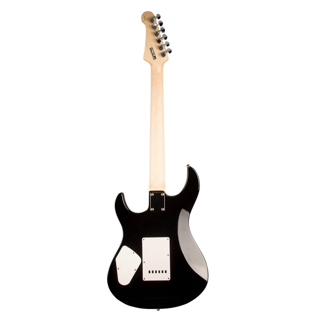 Black Yamaha Pacifica PAC112V electric guitar with maple neck and pickups, showcasing a sleek body and six-string design.