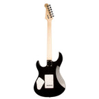 Black Yamaha Pacifica PAC112V electric guitar with maple neck and pickups, showcasing a sleek body and six-string design.