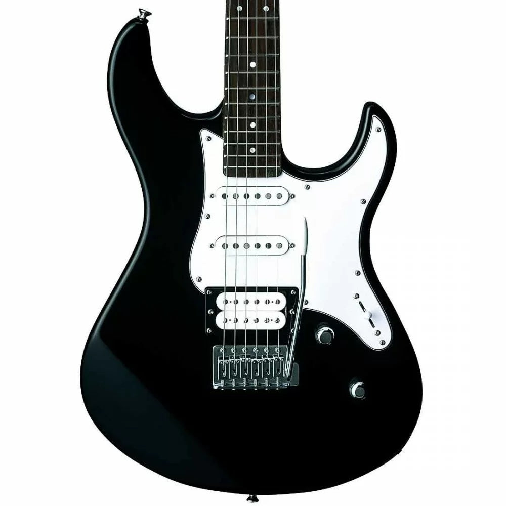 Black Yamaha Pacifica PAC112V electric guitar with a sleek body and six strings, ideal for versatile playing styles.