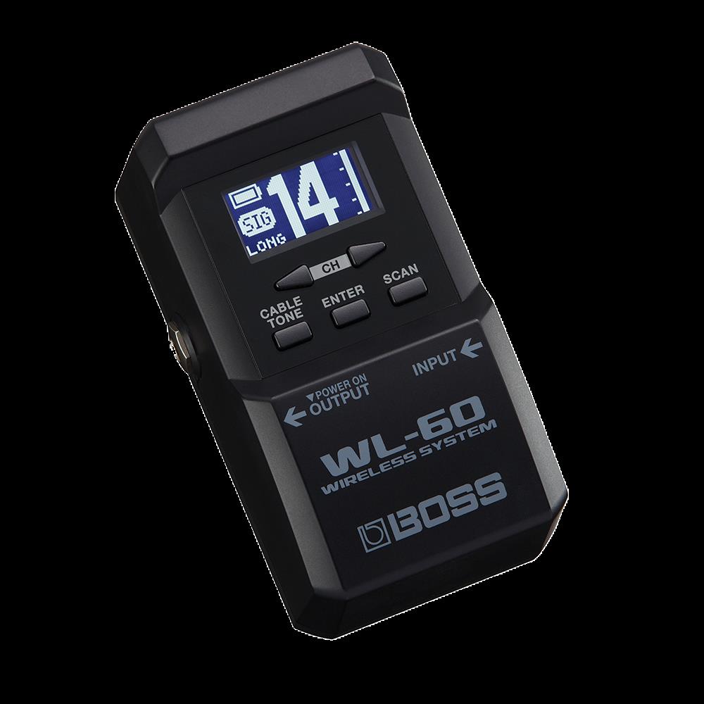BOSS WL-60 wireless guitar system with compact receiver and transmitter, ideal for musicians seeking wireless freedom.