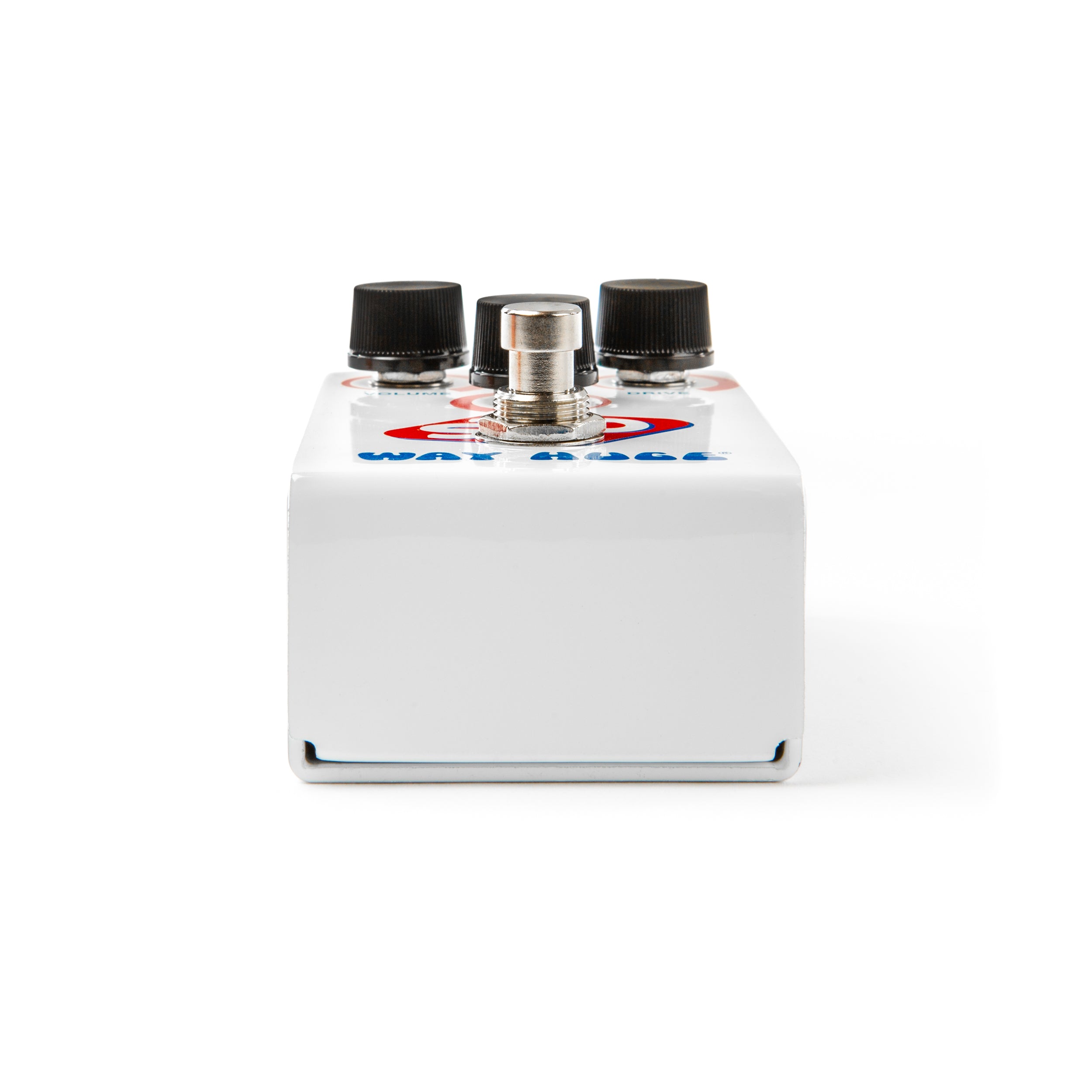 Way Huge WM25 STO overdrive effects pedal shown from bottom angle with input/output jacks and control knobs visible.