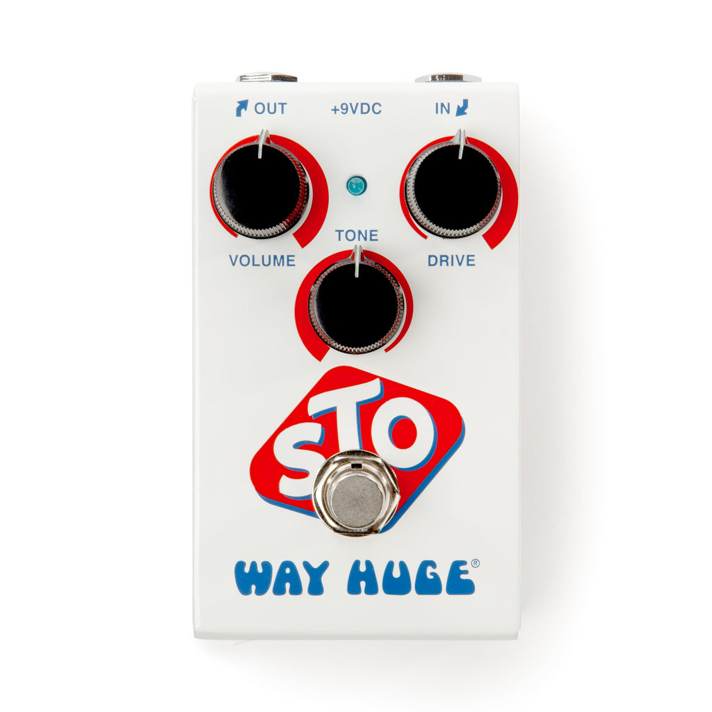 Way Huge WM25 STO overdrive effects pedal, front view showing controls and footswitch, compact guitar effects pedal for tone shaping.