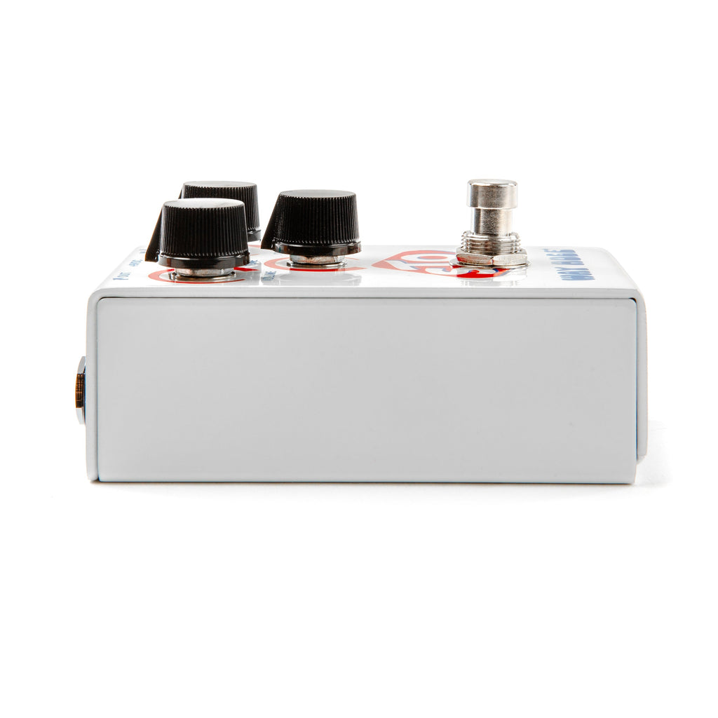 Way Huge WM25 STO overdrive effects pedal shown from the left side, featuring control knobs and sturdy metal enclosure.