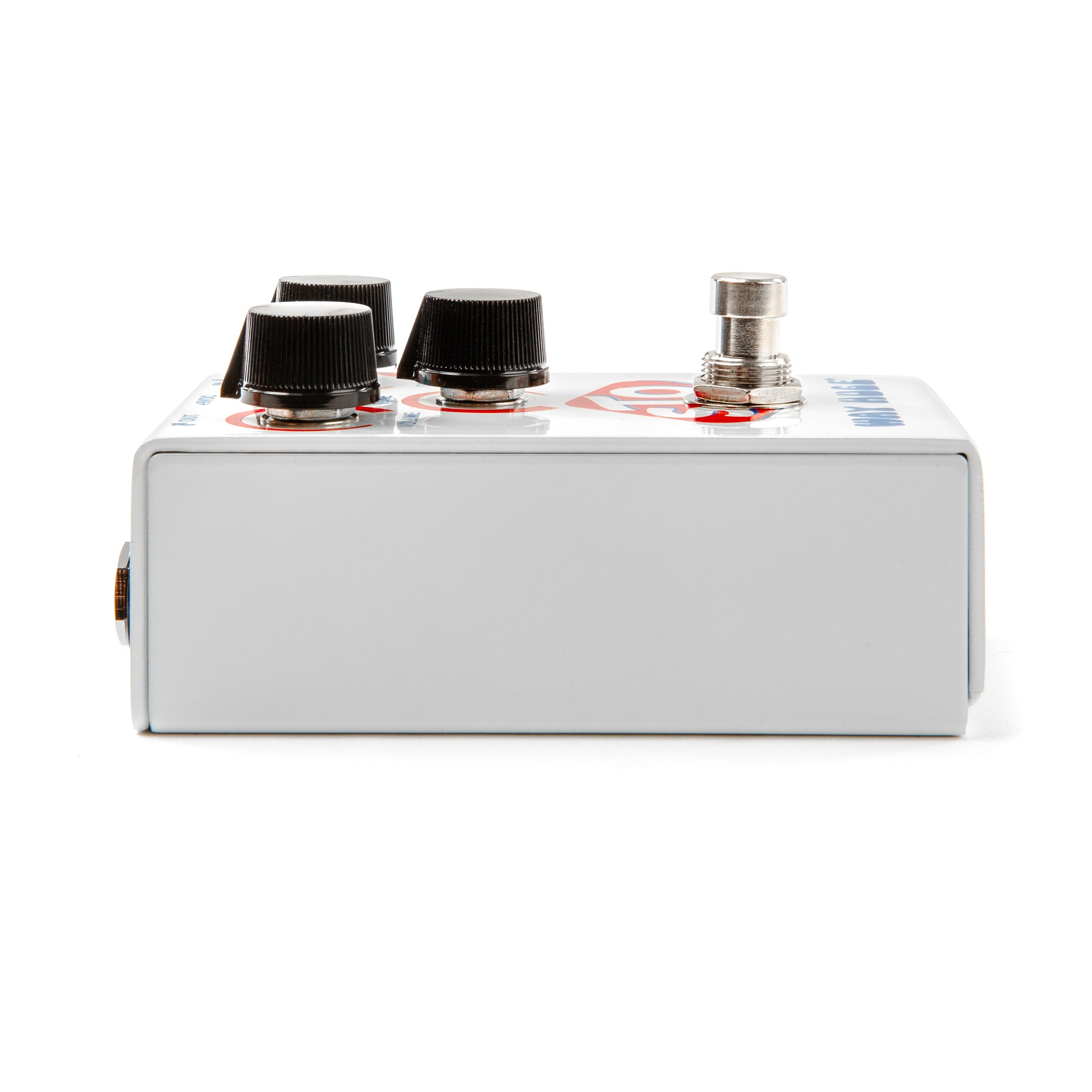 Way Huge WM25 STO overdrive effects pedal shown from the left side, featuring control knobs and sturdy metal enclosure.