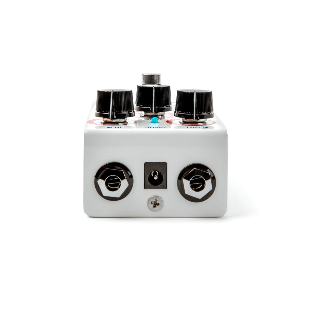 Top view of the Way Huge WM25 STO Overdrive Effects Pedal showing control knobs and sleek black design.