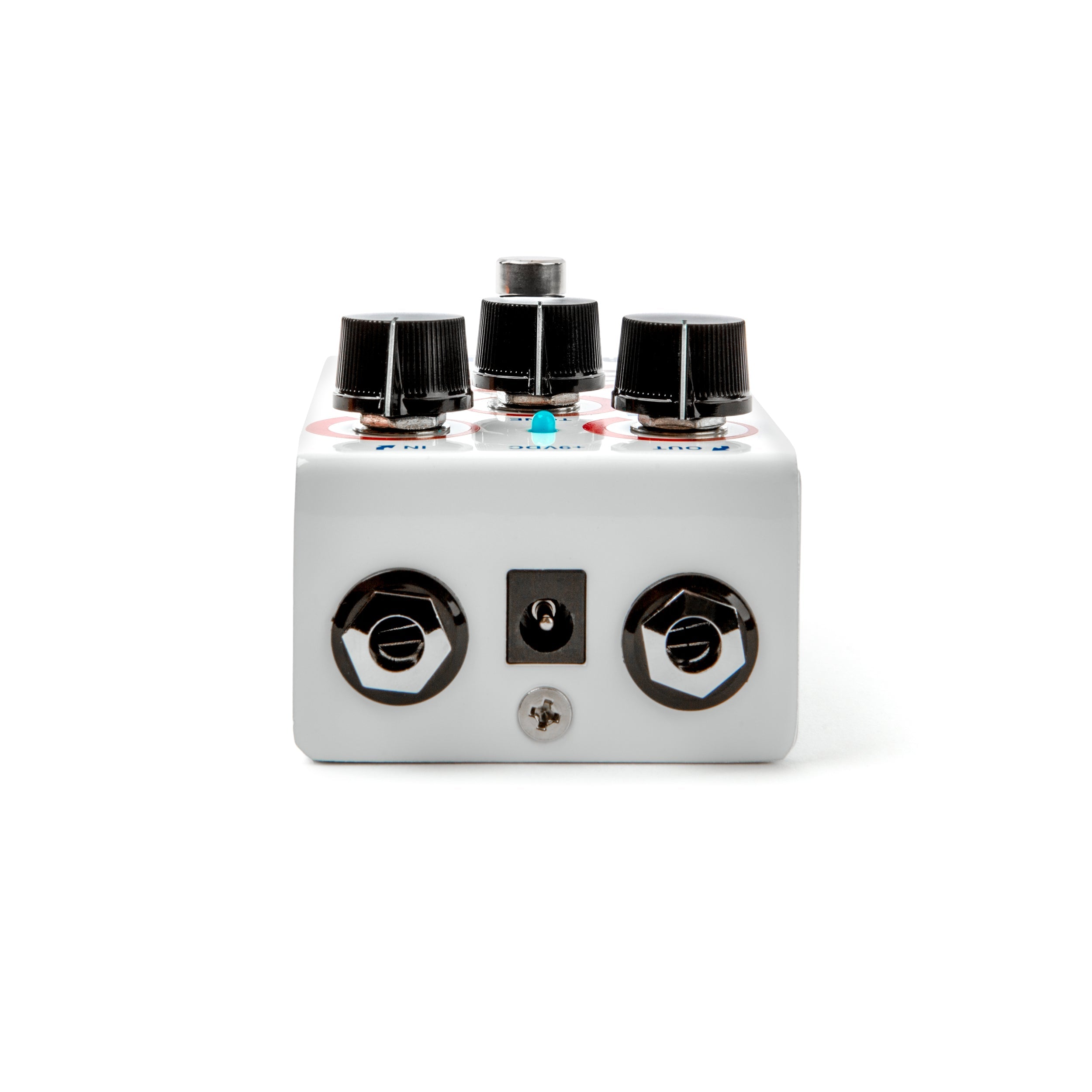 Top view of the Way Huge WM25 STO Overdrive Effects Pedal showing control knobs and sleek black design.