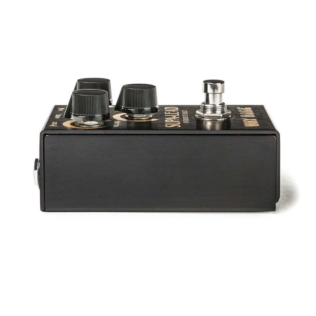 Way Huge Smalls Supa-Lead guitar effects pedal with control knobs and input/output jacks on a pedalboard.