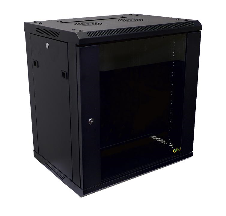 Black wall mount rack for PA accessories, 12RU size, by Global Truss, shown mounted on a wall with equipment slots.