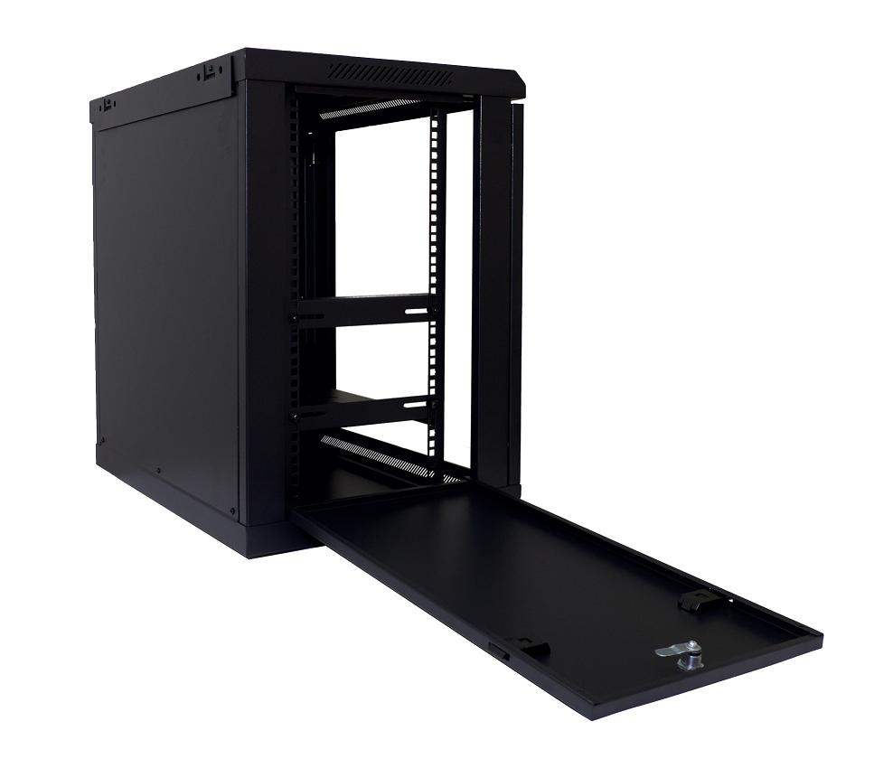 Black 12RU wall mount rack for PA equipment by Global Truss, showing a sturdy metal rack with mounting holes.